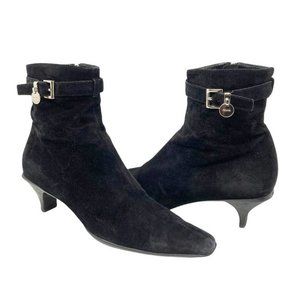 Prada Black Suede Pointed Toe French Kitten Heel Side Zip Ankle Boots - Size 8